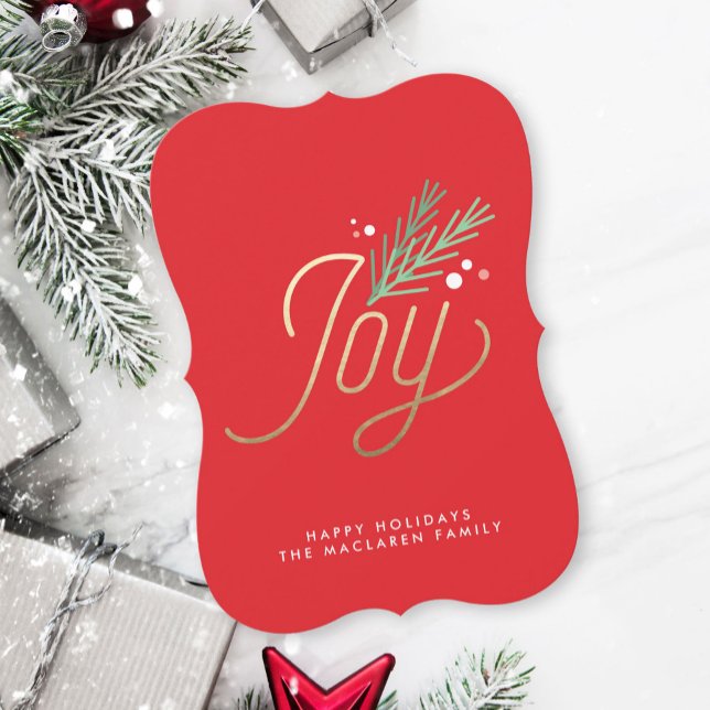 Joyful Sprig Faux Foil Red Bracket Holiday Card (Creator Uploaded)