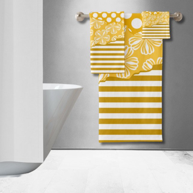 Joyful Stripes Floral Polka Dot Layered Yellow Bath Towel Set (Joyful Stripes Floral Polka Dot Layered Yellow Bath Towel Set)
