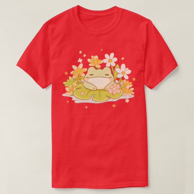 Joyful Summer Kawaii Baby Frog On A Water Lily T-Shirt (Design Front)