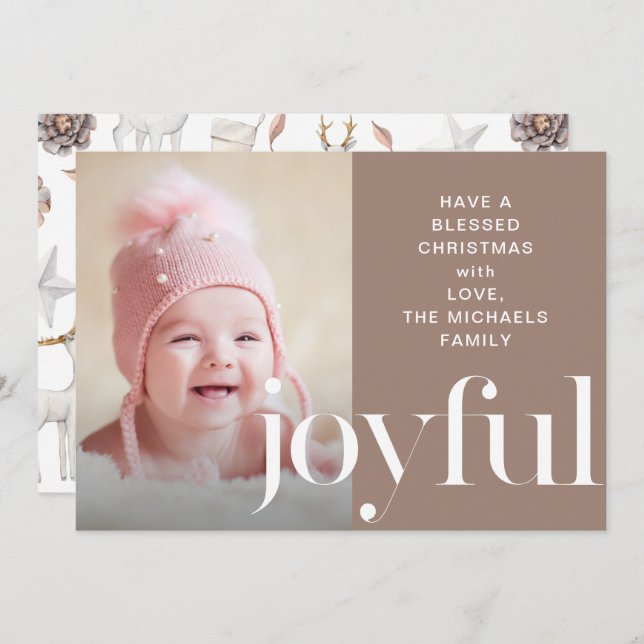 Joyful Taupe Christmas Illustrated Deer Photo Holiday Card (Front/Back)