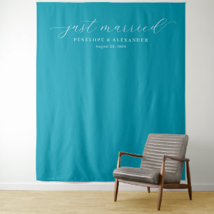 Joyful Teal Minimalist Just Married Backdrop Tapestry