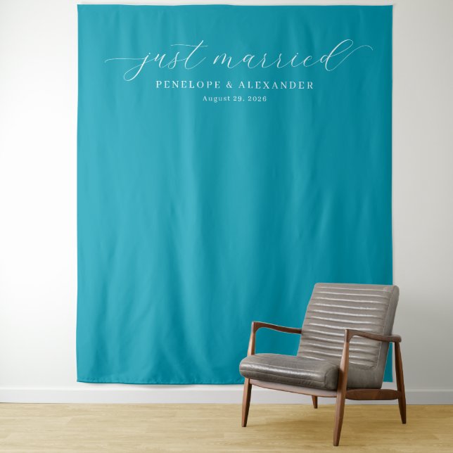 Joyful Teal Minimalist Just Married Backdrop Tapestry (In Situ)