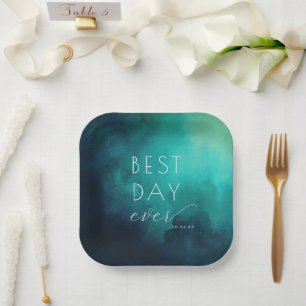 Joyful Teal Watercolor Celebration Paper Plate