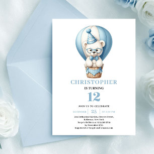 Joyful teddy bear blue balloons boy birthday invitation