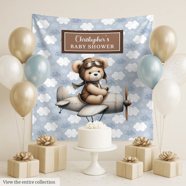 Joyful teddy bear pilot baby shower photo banner tapestry (Joyful teddy bear pilot baby shower photo banner Tapestry)