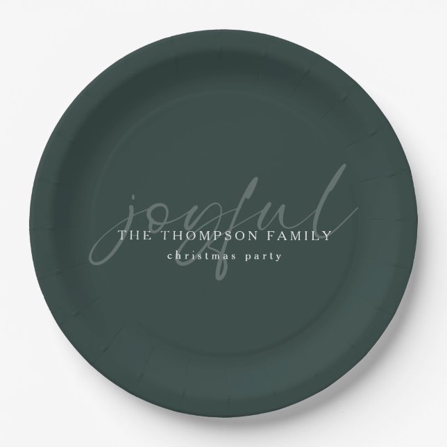 Joyful Text Overlay Name Christmas Dark Green Paper Plate (Front)