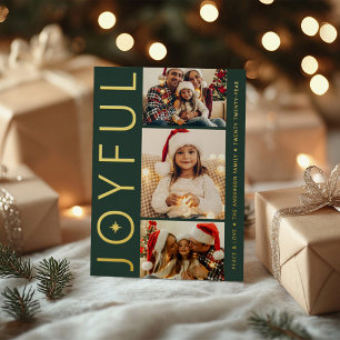 Joyful Three Photo Dark Green with Gold Foil Holiday Card