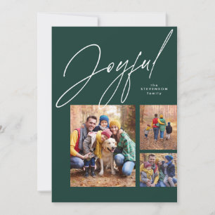 Joyful three photo green family Christmas Holiday Card
