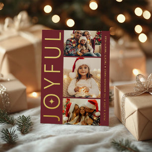 Joyful Three Photo Merlot Red Gold Foil Holiday Card