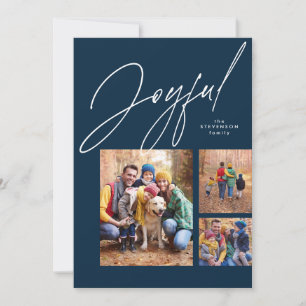 Joyful three photo navy blue family Christmas Holiday Card