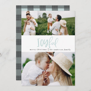 Joyful three photo script text and tartan family holiday card