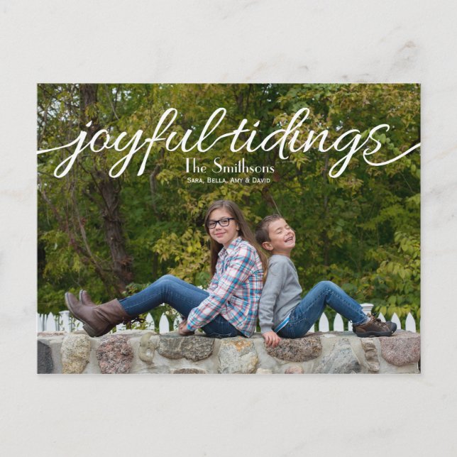 Joyful Tidings Typography Modern Full Photo Holiday Postcard (Front)