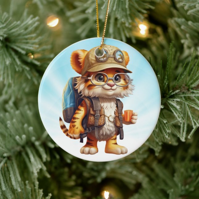 Joyful Tiger Cub with Backpack and coffee Ceramic Ornament (Tree)