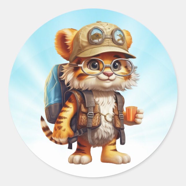 Joyful Tiger Cub with Backpack and coffee Classic Round Sticker (Front)