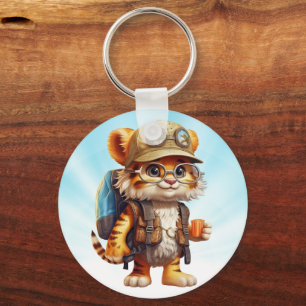 Joyful Tiger Cub with Backpack and coffee Key Ring