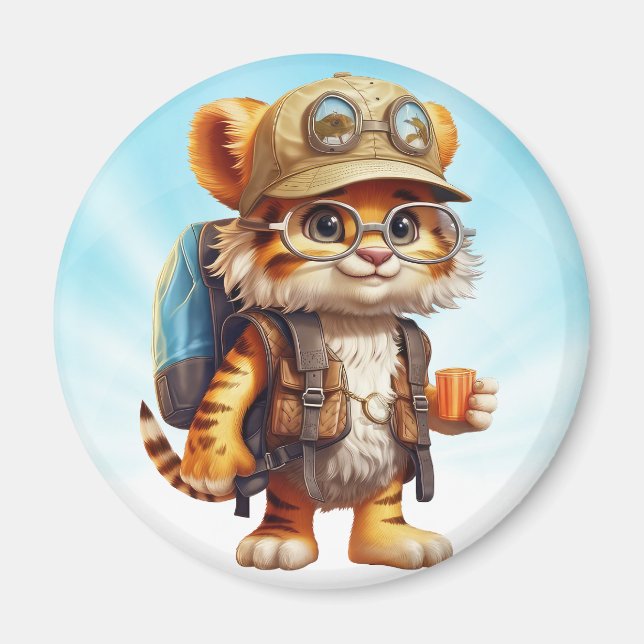 Joyful Tiger Cub with Backpack and coffee Magnet (Front)