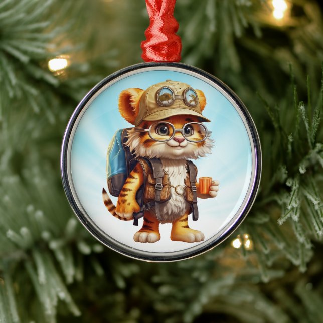 Joyful Tiger Cub with Backpack and coffee Metal Ornament (Tree)
