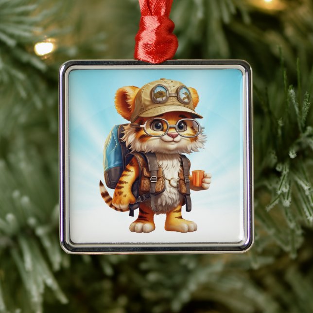 Joyful Tiger Cub with Backpack and coffee Metal Ornament (Tree)