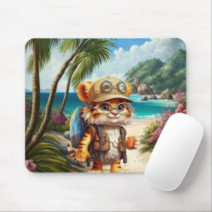 Joyful Tiger Cub with Backpack and coffee Mouse Pad