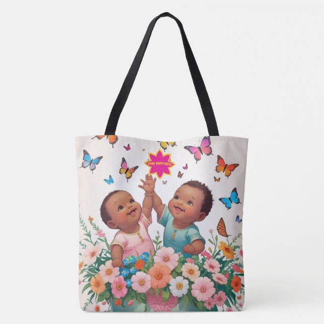 Joyful Tote Bag-Cute Butterfly and Flowers Art Bag (Back)