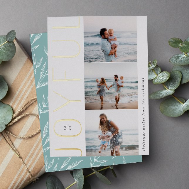 Joyful Trio | Modern 3 Photo Collage Foil Holiday Card (Creator Uploaded)