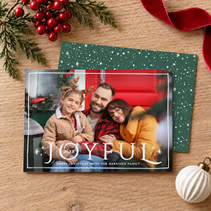 Joyful Twinkle Lights and Stars Dark Green Photo Holiday Card