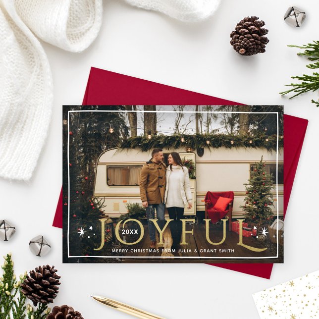 Joyful Twinkle Lights and Stars Gold Foil Photo Holiday Card (Creator Uploaded)