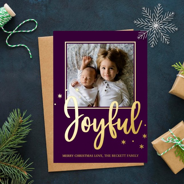 Joyful Typography Script Modern Photo Christmas Foil Holiday Card (Creator Uploaded)