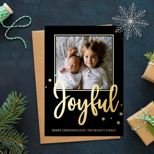 Joyful Typography Script Modern Photo Christmas Foil Holiday Card (Creator Uploaded)
