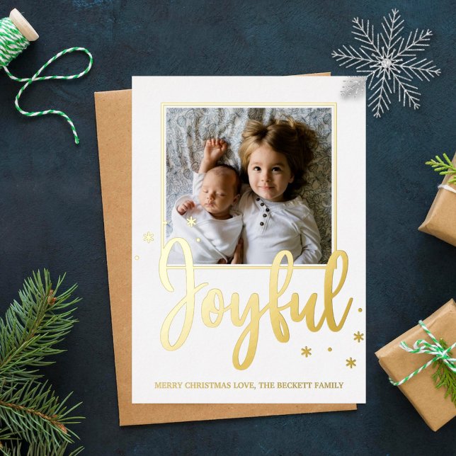 Joyful Typography Script Modern Photo Christmas Foil Holiday Card (Creator Uploaded)