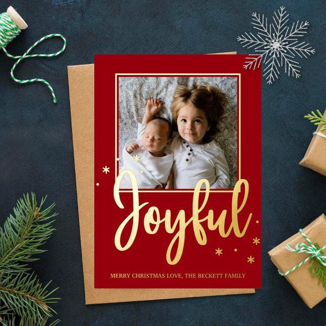 Joyful Typography Script Modern Photo Christmas Foil Holiday Postcard (Creator Uploaded)