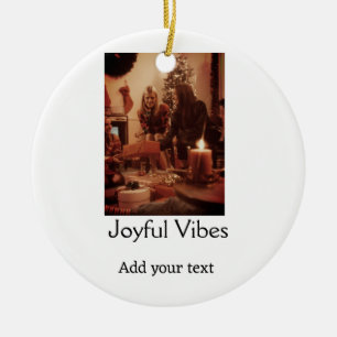 Joyful Vibes add family Christmas photo name simpl Ceramic Ornament
