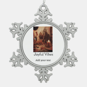 Joyful Vibes add family Christmas photo name simpl Snowflake Pewter Christmas Ornament