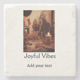 Joyful Vibes add family Christmas photo name simpl Stone Coaster