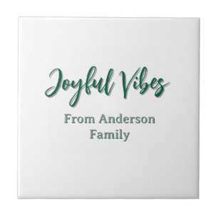 Joyful vibes christmas green holiday family name ceramic tile