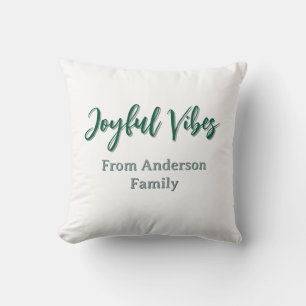 Joyful vibes christmas green holiday family name cushion