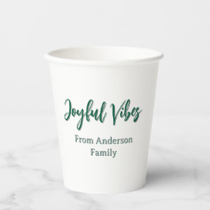 Joyful vibes christmas green holiday family name paper cups