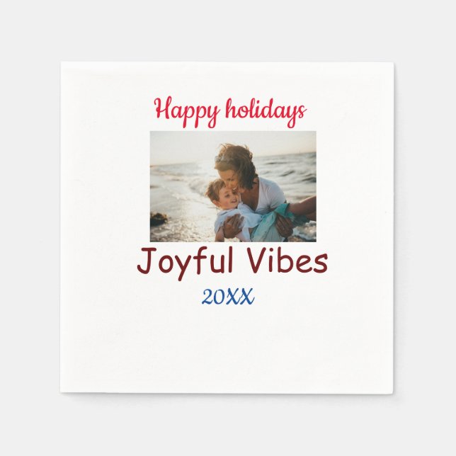 Joyful vibes happy holidays add family photo datec napkin (Front)