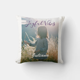 Joyful vibes kids photo purple holidays name gifts cushion