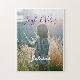 Joyful vibes kids photo purple holidays name gifts jigsaw puzzle