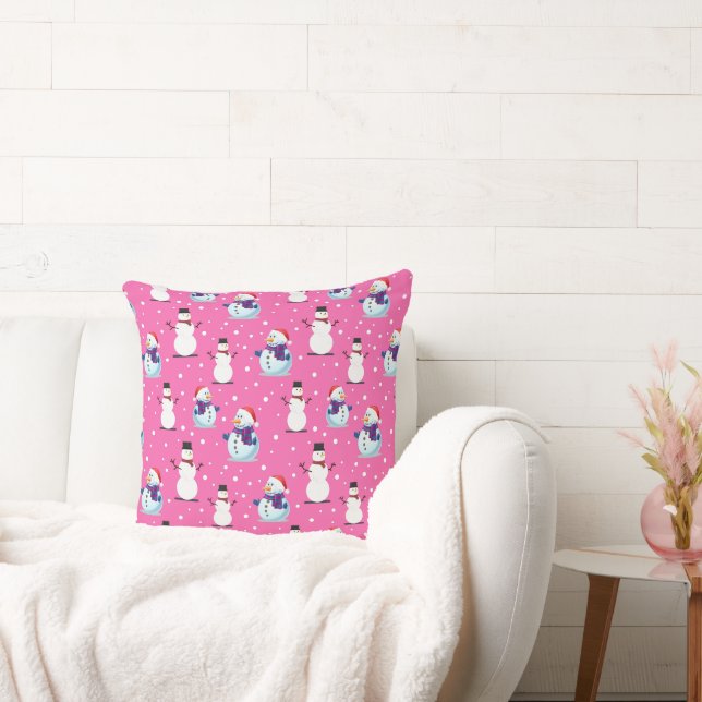 Joyful Vintage Snowmen Pink Background Pattern  Cushion (Couch)