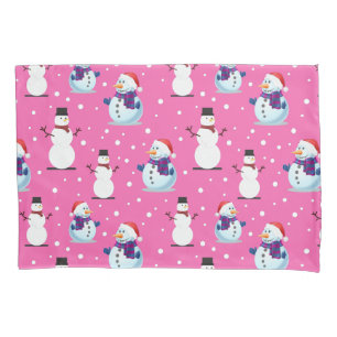 Joyful Vintage Snowmen Pink Background Pattern  Pillowcase