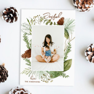 Joyful. Watercolor Christmas woodland greenery Holiday Card