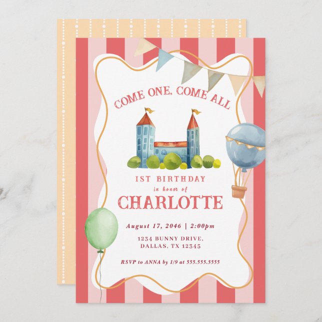 Joyful Watercolor Circus Baby 1st Birthday Party Invitation (Front/Back)