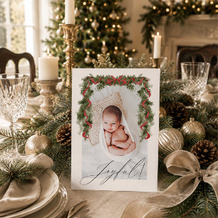 Joyful Watercolor Garland Baby First Christmas Holiday Card