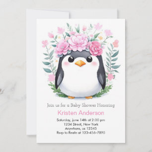 Joyful Watercolor Penguin Girl Baby Shower Invitation
