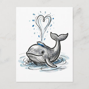 Joyful Whale Spraying Heart Fountain Marine Ink Il Postcard