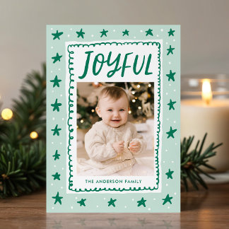 Joyful Whimsical Green Doodles Photo Holiday Card