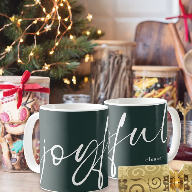 Joyful White Calligraphy Name Dark Green Coffee Mug (View of both sides)