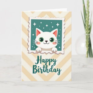 Joyful White Cat Birthday Card